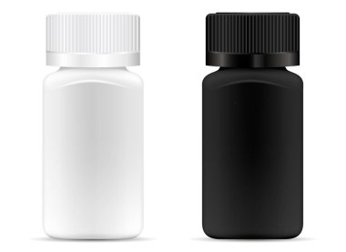 İlaç kavanozu. Beyaz ve siyah tıbbi konteynır ilaçları