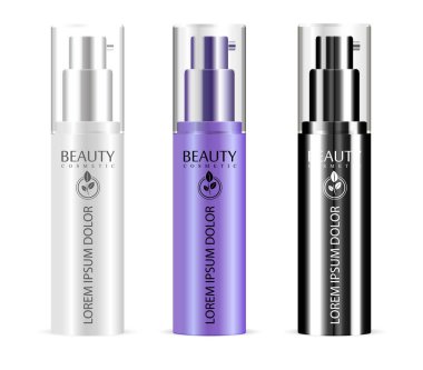 Dağıtıcı şişe mockup kapakları ile farklı renk ayarla. Yüz bakım sprey ambalaj ürün. Gerçekçi vektör çizim.