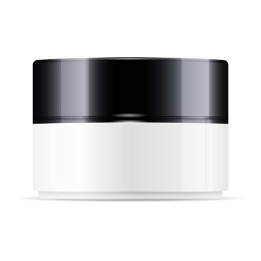 Siyah parlak kapaklı yuvarlak beyaz plastik kavanoz.