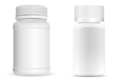 İlaç şişesi. Beyaz yuvarlak kare tıbbi konteynır