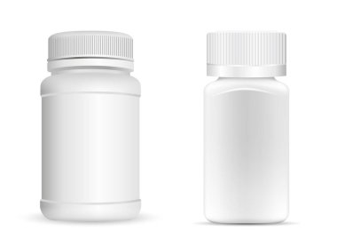 İlaç şişeleri. İlaç, diyet ve besin takviyeleri için beyaz, yuvarlak ve kare tıbbi konteynır. Vektör illüstrasyonu beyaz arkaplanda izole edildi.