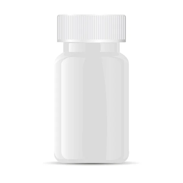 Garrafa de comprimidos. Recipiente de plástico de vidro médico branco — Vetor de Stock