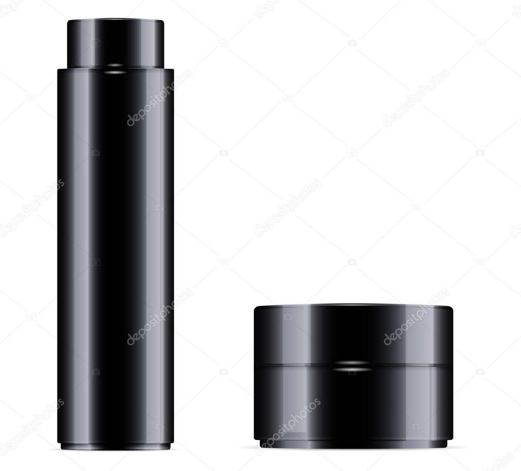 Download Black Cosmetic Bottle For Facial Toner Hair Shampoo Or Shower Gel And Cream Jar Set Vector Design Template Cosmetics Packaging Mockup Realistic 3d Illustration Premium Vector In Adobe Illustrator Ai PSD Mockup Templates