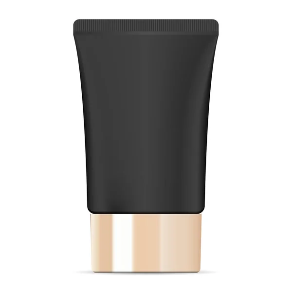 Amplio tubo de crema cosmética negra con tapa dorada . — Vector de stock