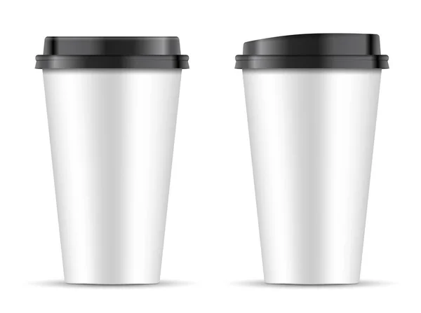 Conjunto de tazas de café de papel blanco con tapa negra de diferentes formas — Vector de stock