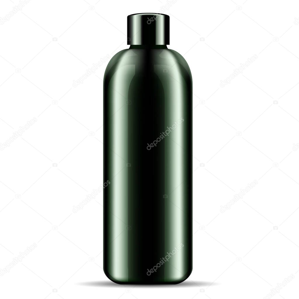Shampoo shower gel bubble bath cosmetics bottle mockup. Geen glossy glass or plastic cosmetic product package illustration. 3d design template.