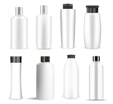 Beyaz kozmetik şişe modelleme seti. Farklı şekil
