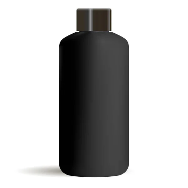 Botella cosmética redonda negra maqueta con tapa negra. Cosméticos — Vector de stock