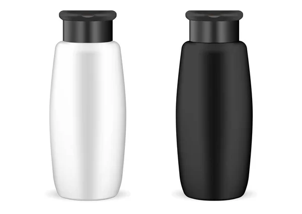 Xampu preto e branco conjunto de maquete garrafa cosmética — Vetor de Stock