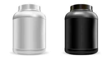 Büyük protein beslenme kavanozları maket seti. Spor yemekleri.