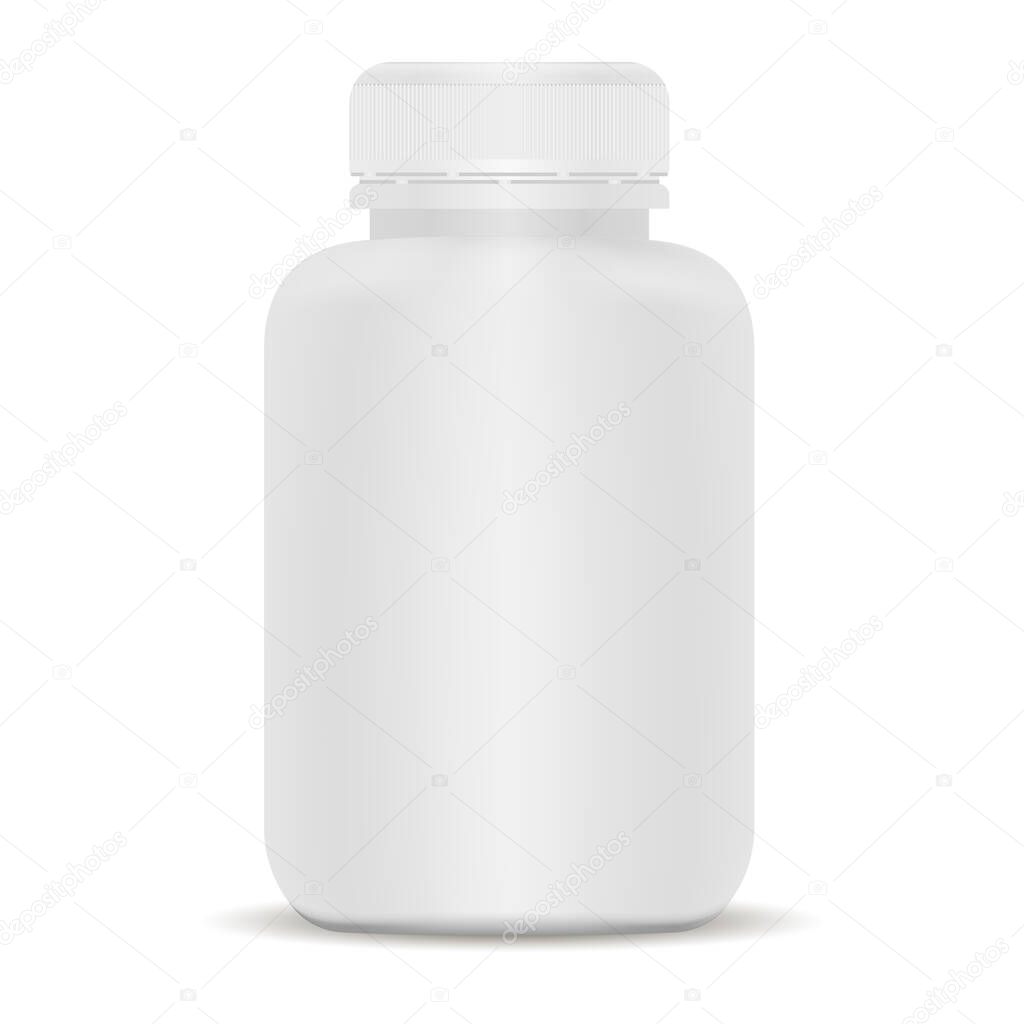 Plastic drug bottle. White 3d Vector illustration.