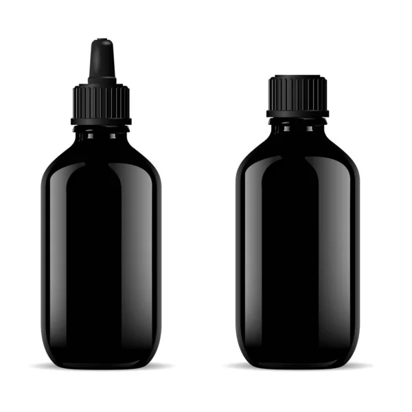 Black Glass Medical Bottles Set. Dropper Mockup. — Stock Vector