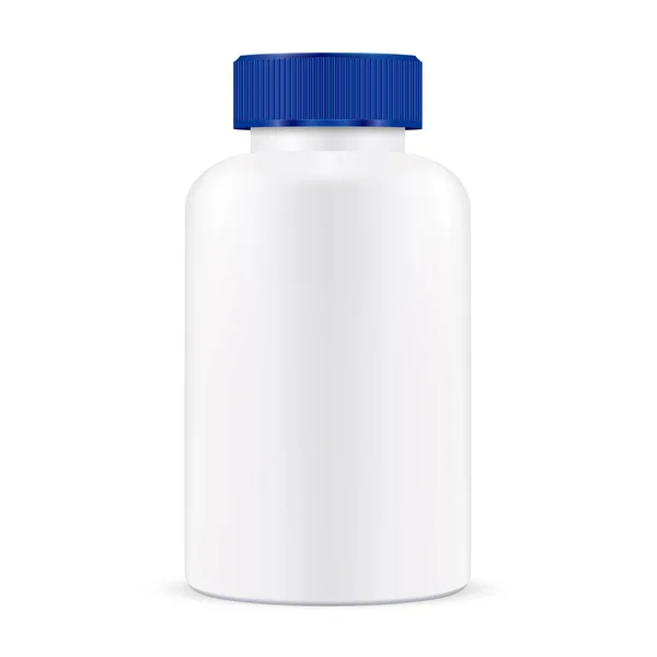 Garrafa de comprimidos. Recipiente de medicina plástica de tampa azul — Vetor de Stock