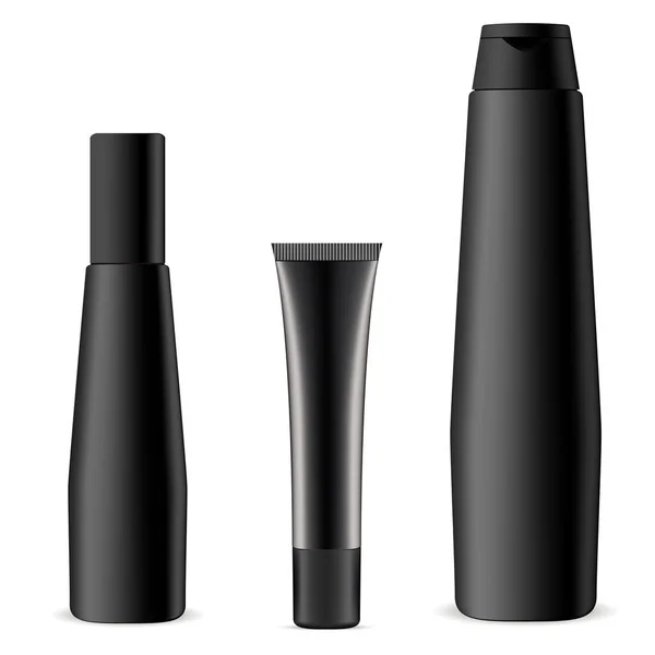 Ensemble bouteille et tube cosmétique noir. Masque Mockup . — Image vectorielle