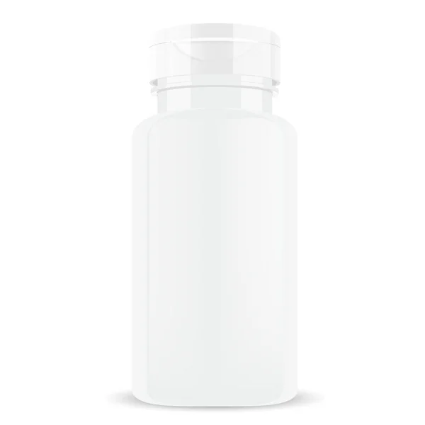 Garrafa de Pílula Branca. Vitamina Tablet Glossy Container — Vetor de Stock