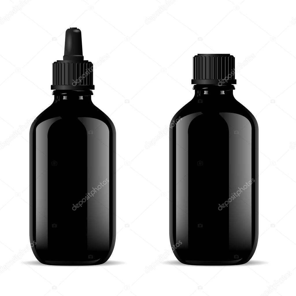 Black Glass Medical Bottles Set. Dropper Mockup.