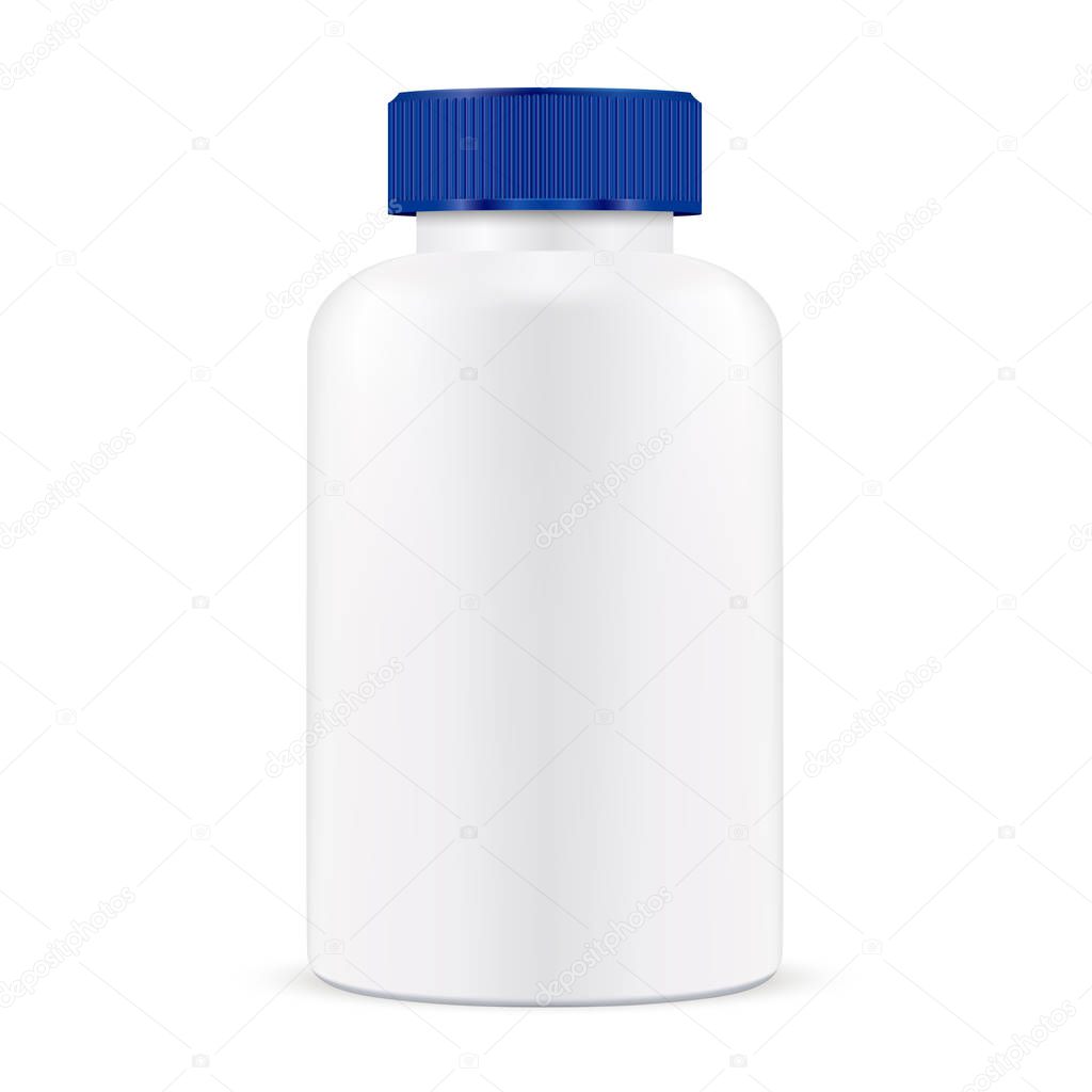 Pill Bottle. Blue Lid Plastic Medicine Container