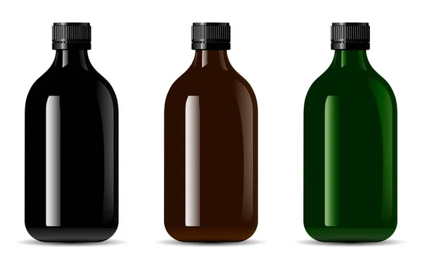 Černá skleněná láhev. Balíček 3D lesklého kontejneru — Stockový vektor