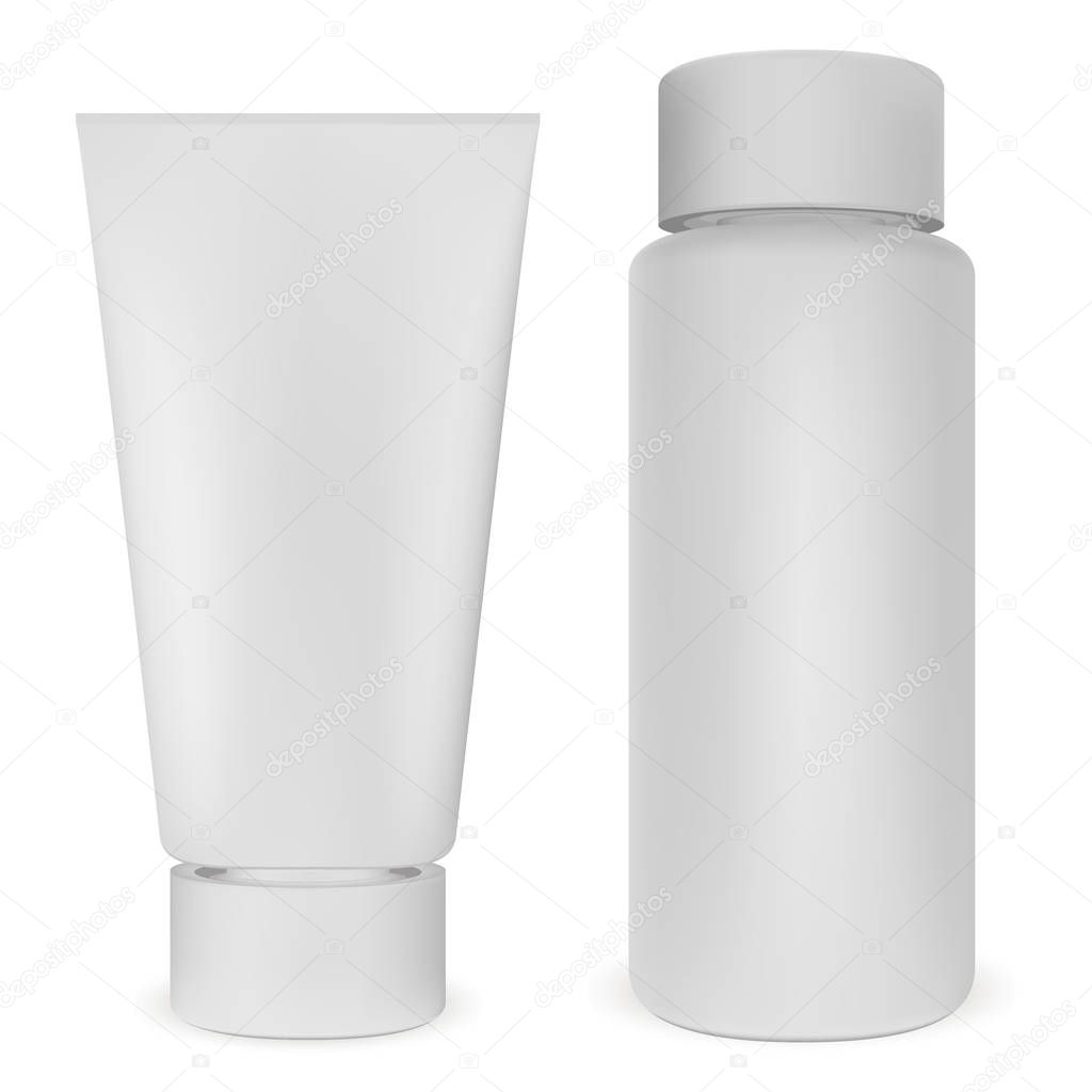 Plastic Bottle and Tube Set. White Cosmetic Vector