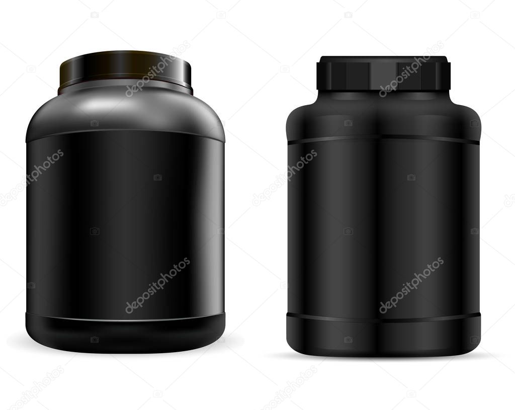 Whey Protein Container. Black Protein Jar. Vector Can