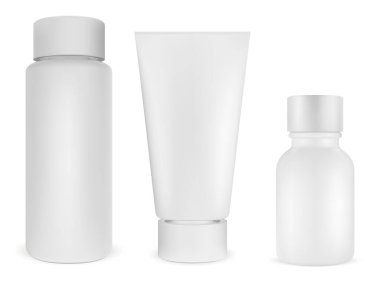 Kozmetik şişe paketi. Beyaz plastik ürün. 3d