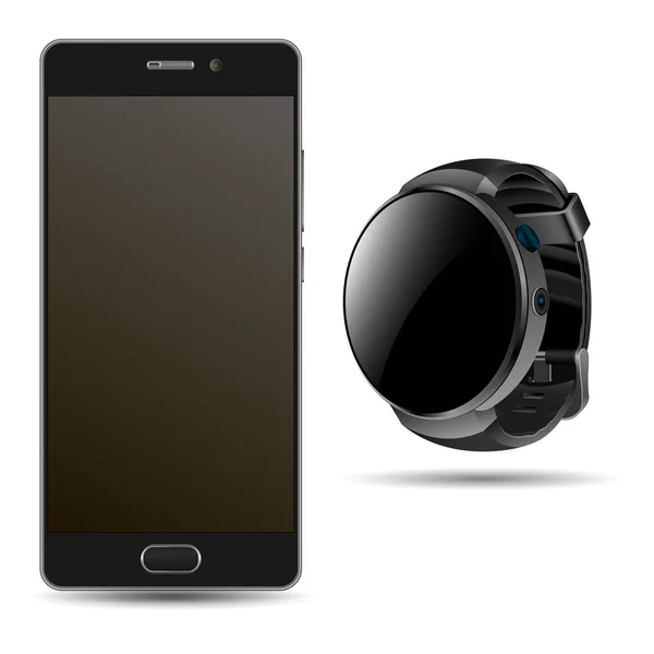 Teléfono inteligente y Smartwatch. Mockup móvil negro — Vector de stock