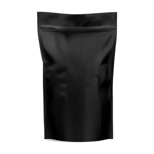 ブラックコーヒーバッグジップパッケージモックアップ。箔紙 — ストックベクタ
