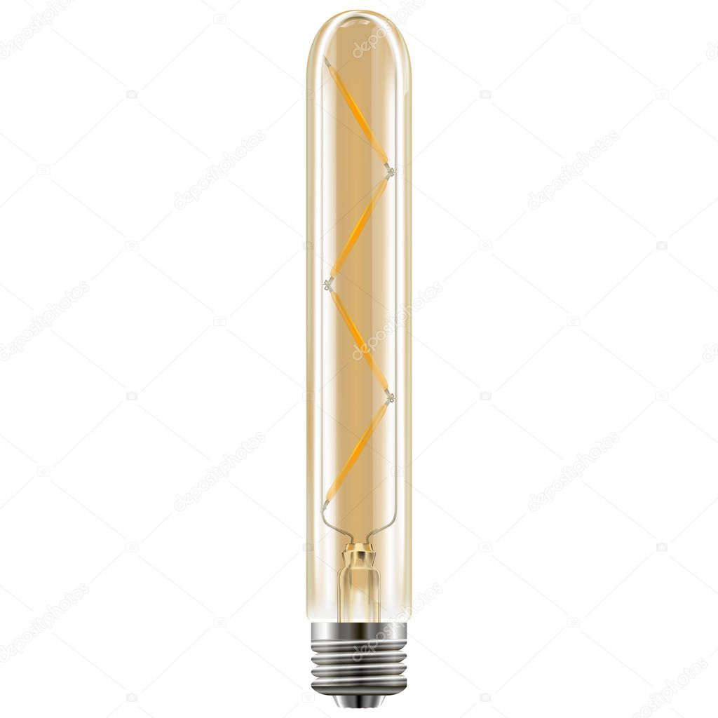 Edison light bulb. Realistic filament decoration. Bright interior retro lightbulb. Transparent antique collection for cafe ceiling. Old fashion copper concept. Decorative steampunk idea