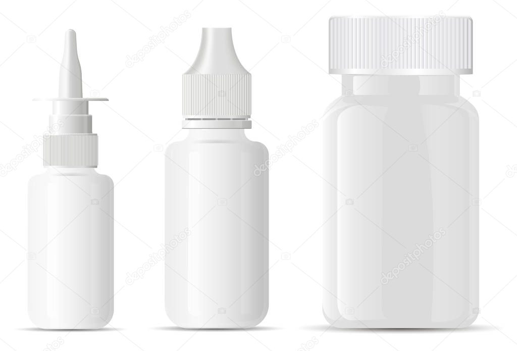 Nasal dropper bottle. Supplement pill package. 3d