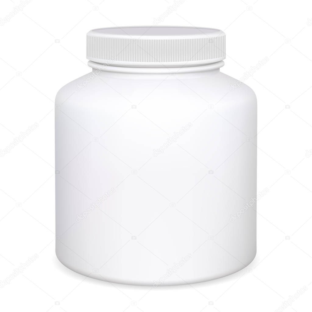 Supplement bottle. Pill jar mockup. Aspirin medicine package 3d design. Pharmaceutical container medical blank. Pharmacy tablet or capsule can template closeup. Realistic round packaging