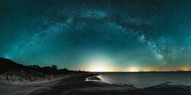 Amazing Panoramic Landscape view of Milky way over Night sky clipart