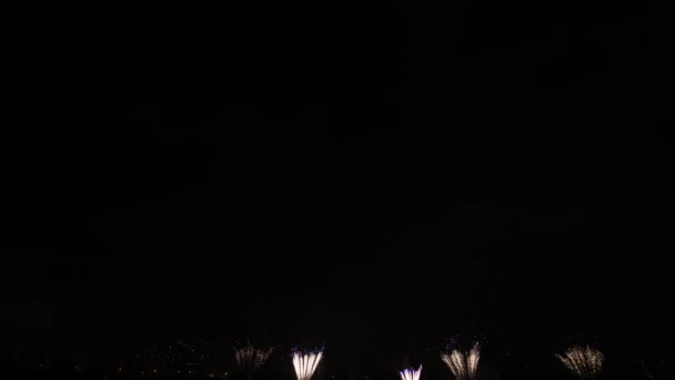 Video Filmación Fuegos Artificiales Reales Fondo Negro Profundo Cielo Espectáculo — Vídeos de Stock