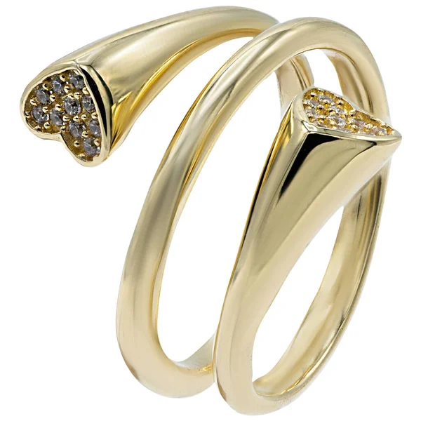 Velký prsten ve žlutém zlatě na bílém pozadí s diamanty — Stock fotografie