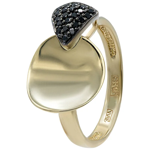 Double bague en or jaune sur fond blanc avec diamants noirs — Photo