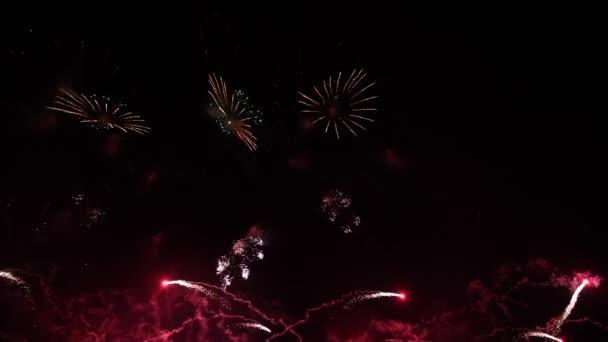 4K реальний феєрверк на глибокому чорному нічному небі — стокове відео