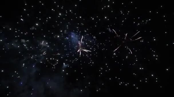 4K real fireworks on deep black night sky — Stock Video