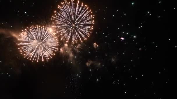 4K echtes Feuerwerk am tiefschwarzen Nachthimmel — Stockvideo