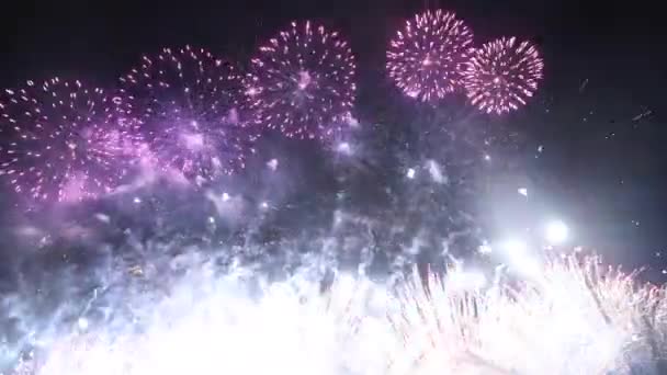 4K igazi elvont tűzijáték show mély fekete éjszakai égbolton — Stock videók