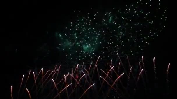 4K vero spettacolo di fuochi d'artificio astratto sul profondo cielo notturno nero — Video Stock