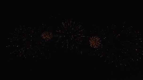 Vuurwerk in de nachtelijke hemel, geïsoleerd op zwarte achtergrond — Stockvideo