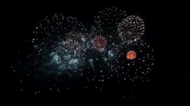 4k video Kleurrijk vuurwerk in de nachtelijke hemel, zwarte geïsoleerde achtergrond — Stockvideo