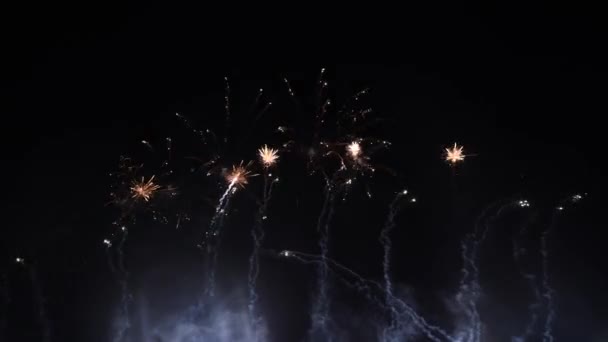 Abstraktní ohňostroj na noční obloze, izolovaný na černém pozadí, 4. července — Stock video