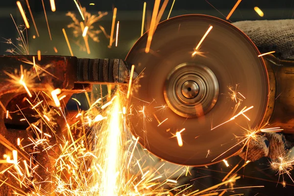 Worker Grinder Cuts Metal Huge Amount Sparks — Stock Photo, Image