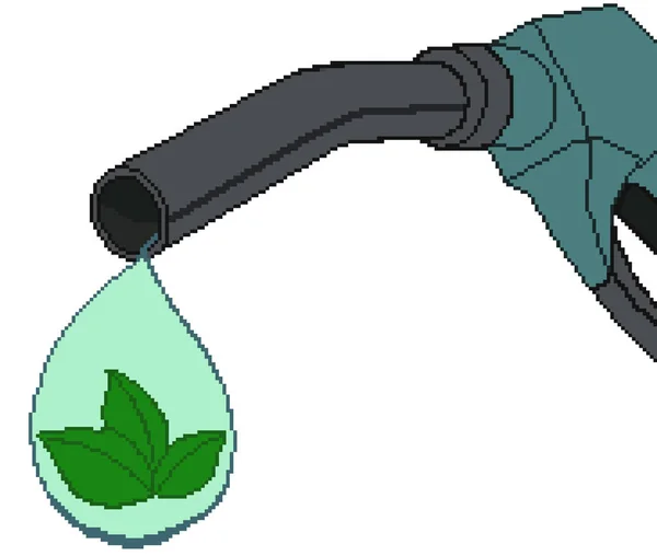 refueling gun from which a drop of eco-fuel is dripping with a green leaf. pixel art illustration