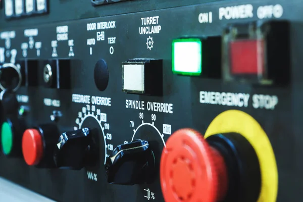 Botones Del Panel Control Del Torno Cnc Bombillas Interruptores Panel — Foto de Stock
