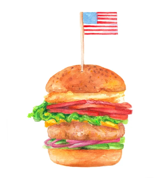 손으로 그린 맛 있는 햄버거의 수채화 그림 — 스톡 사진