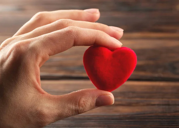 Hand holding small bright red heart