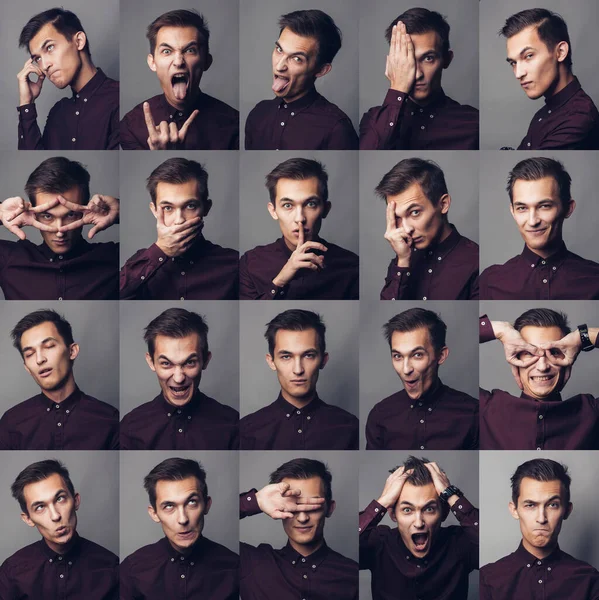 Conjunto de jovens retratos de homens com diferentes emoções e gestos — Fotografia de Stock