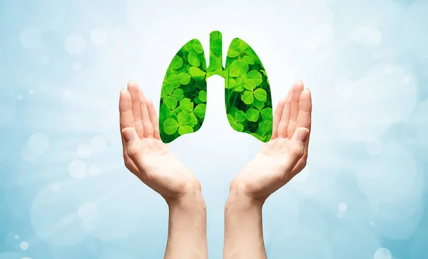 Dişi Eller, açık mavi arka plandaki yapraklardan akciğerleri tutuyor.