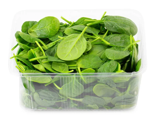 Fresh Spinach leafs in transparent plastic container isolated on white — Stock Photo, Image